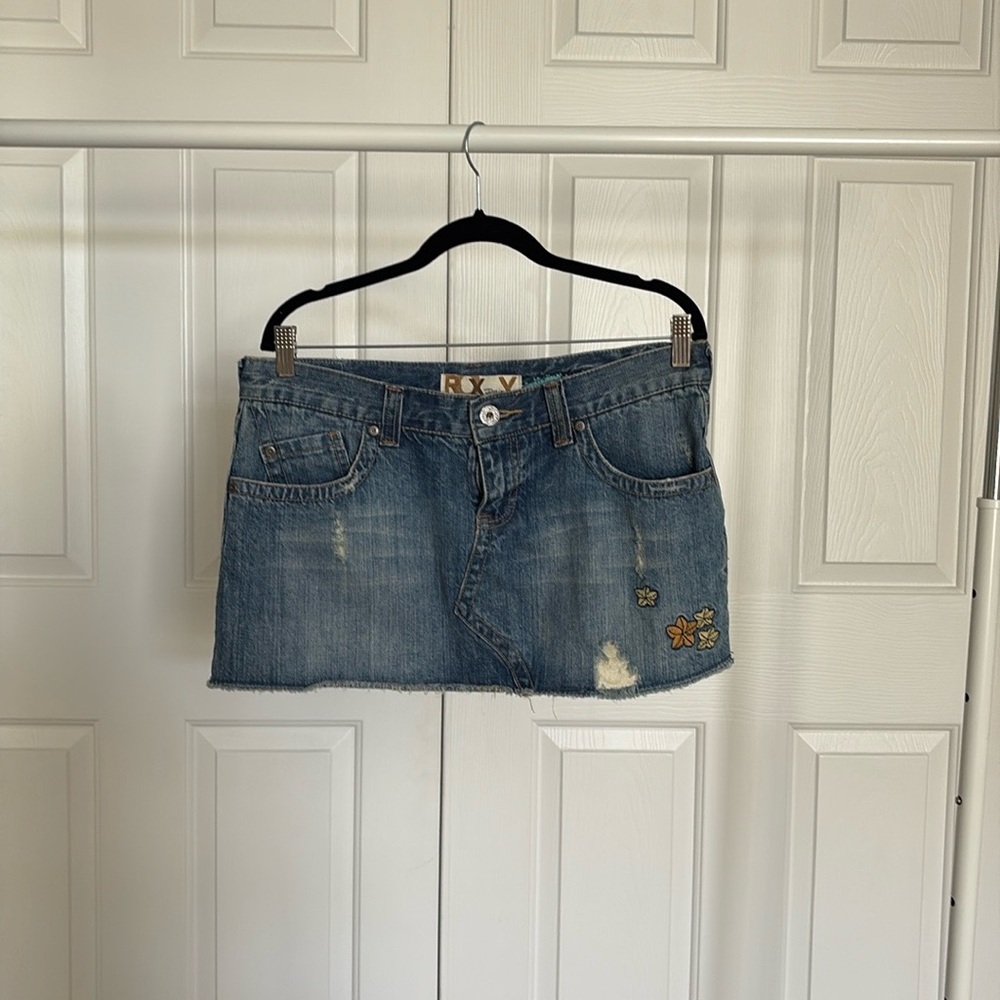 Denim Mini Skirt with Floral Embroidery